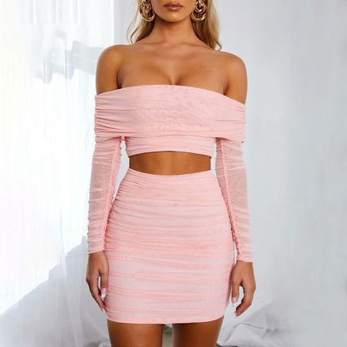 Off Shulder Two Piece Set Women Pleat Ruched Bodycon Crop Top Mini