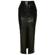 High Waist PU Leather Split Long Skirt