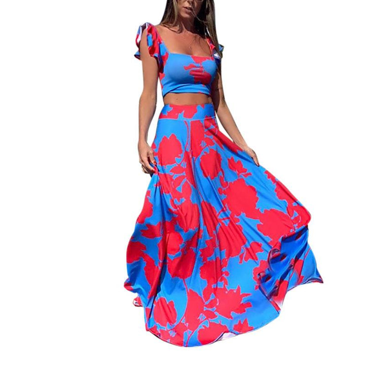Off shoulder floral printed crop top and long skirt two-piece set