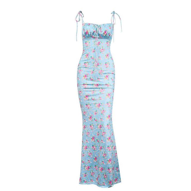 Summer Woman Blue Floral Sexy Backless Dress